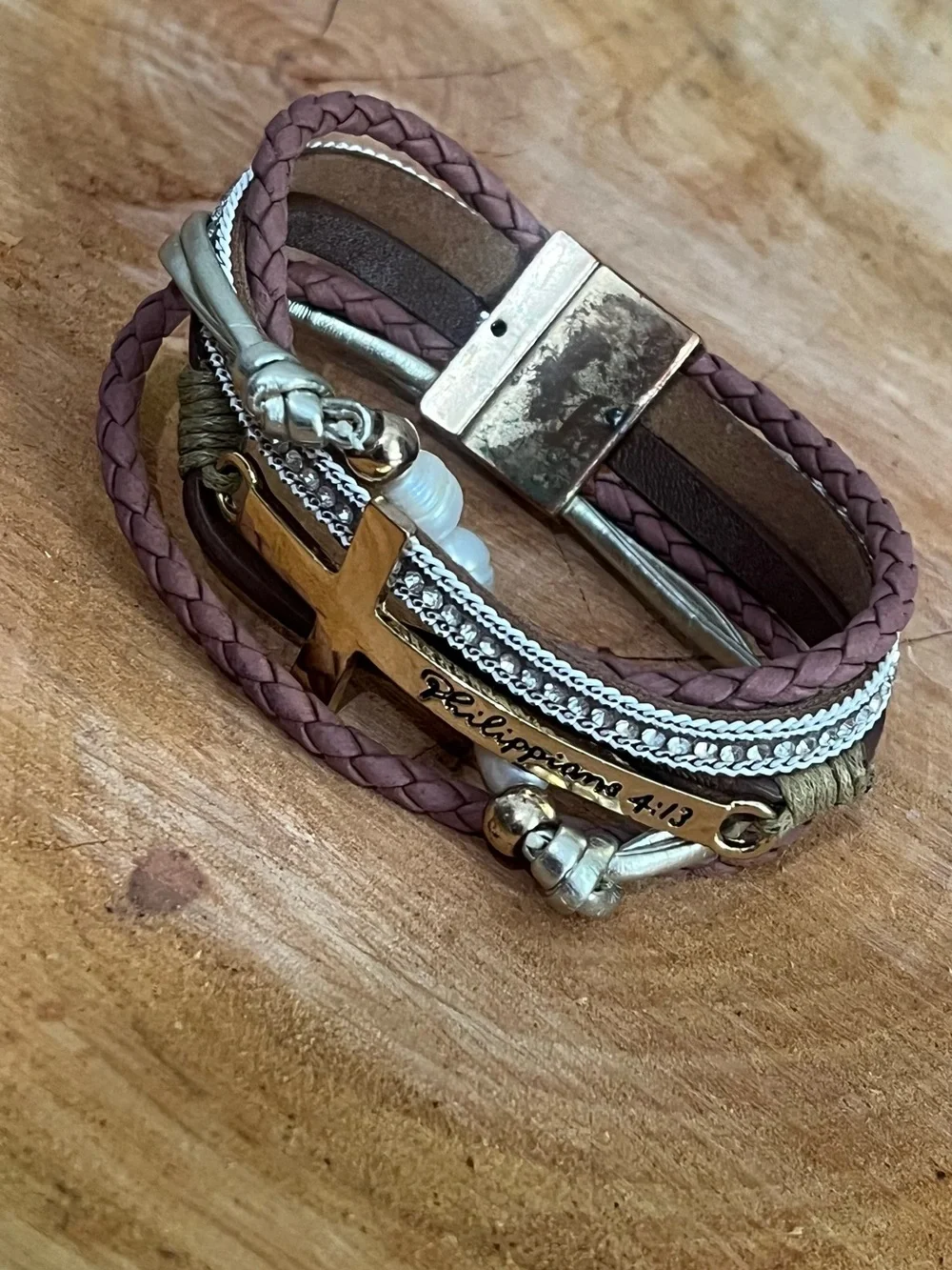 Layered Cross Cuff Bracelet with Rhinestones Pearl Accents Philippians 4:13